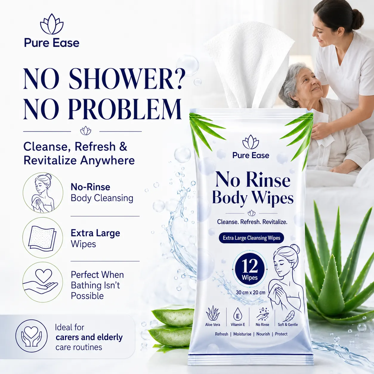 PureEase No Rinse Body Wipes — no shower, no problem