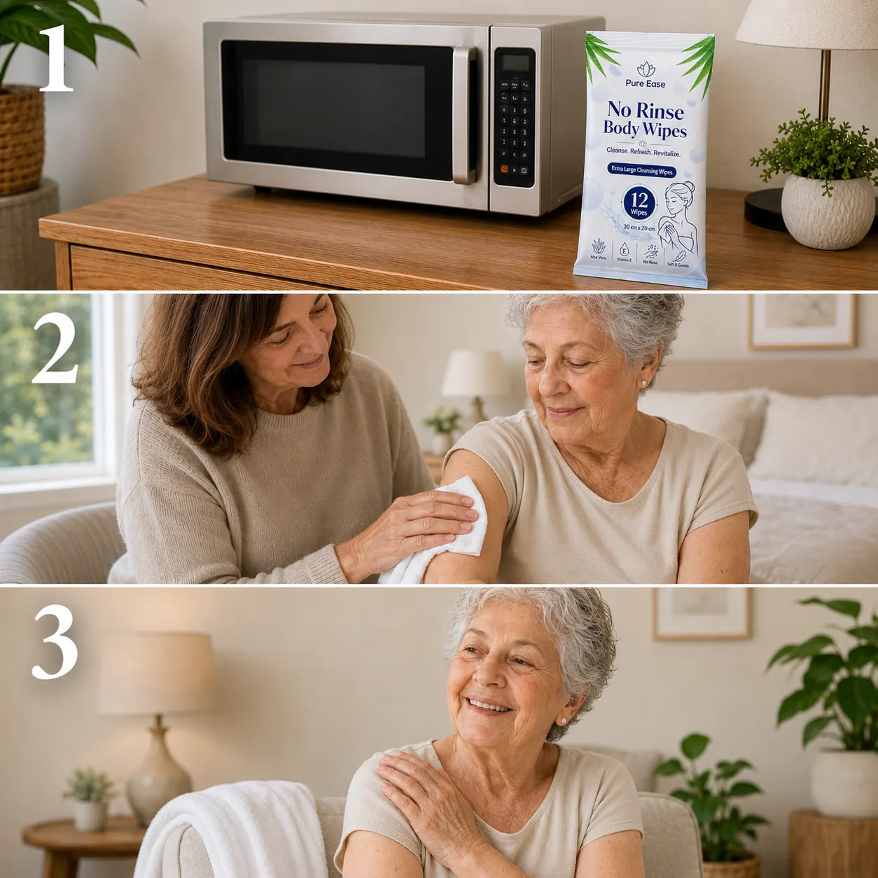 How PureEase no-rinse body wipes work: warm the pack, cleanse area by area, then enjoy a fresh feeling with no rinsing needed