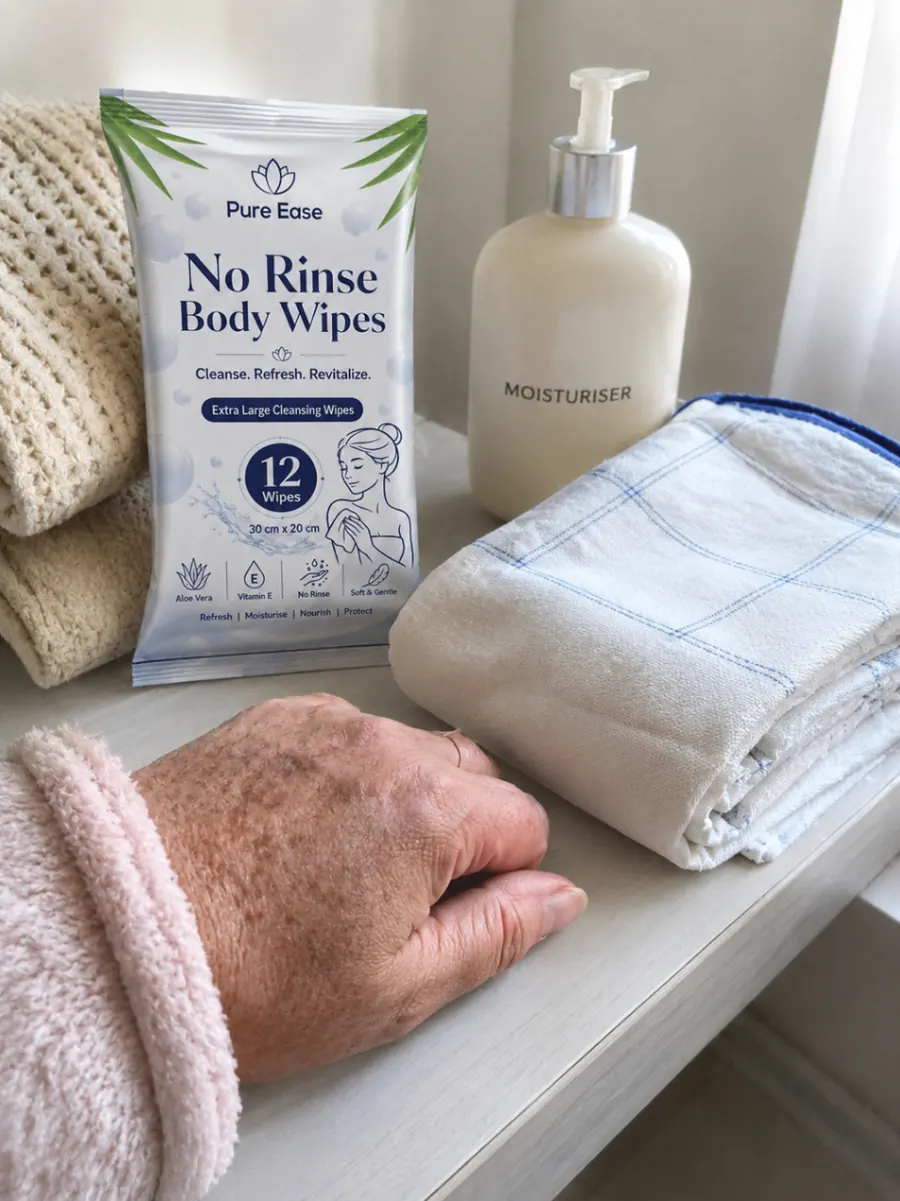PureEase No Rinse Body Wipes next to moisturiser, folded cloths, and an older person's hand.