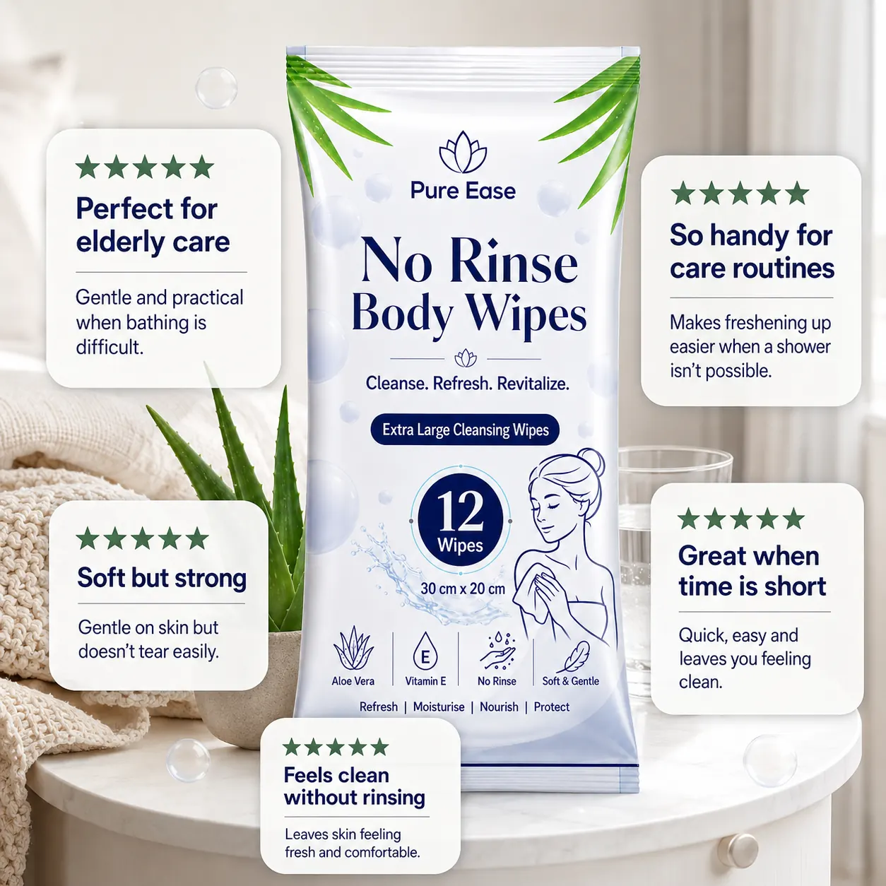 5-star customer reviews for PureEase No Rinse Body Wipes