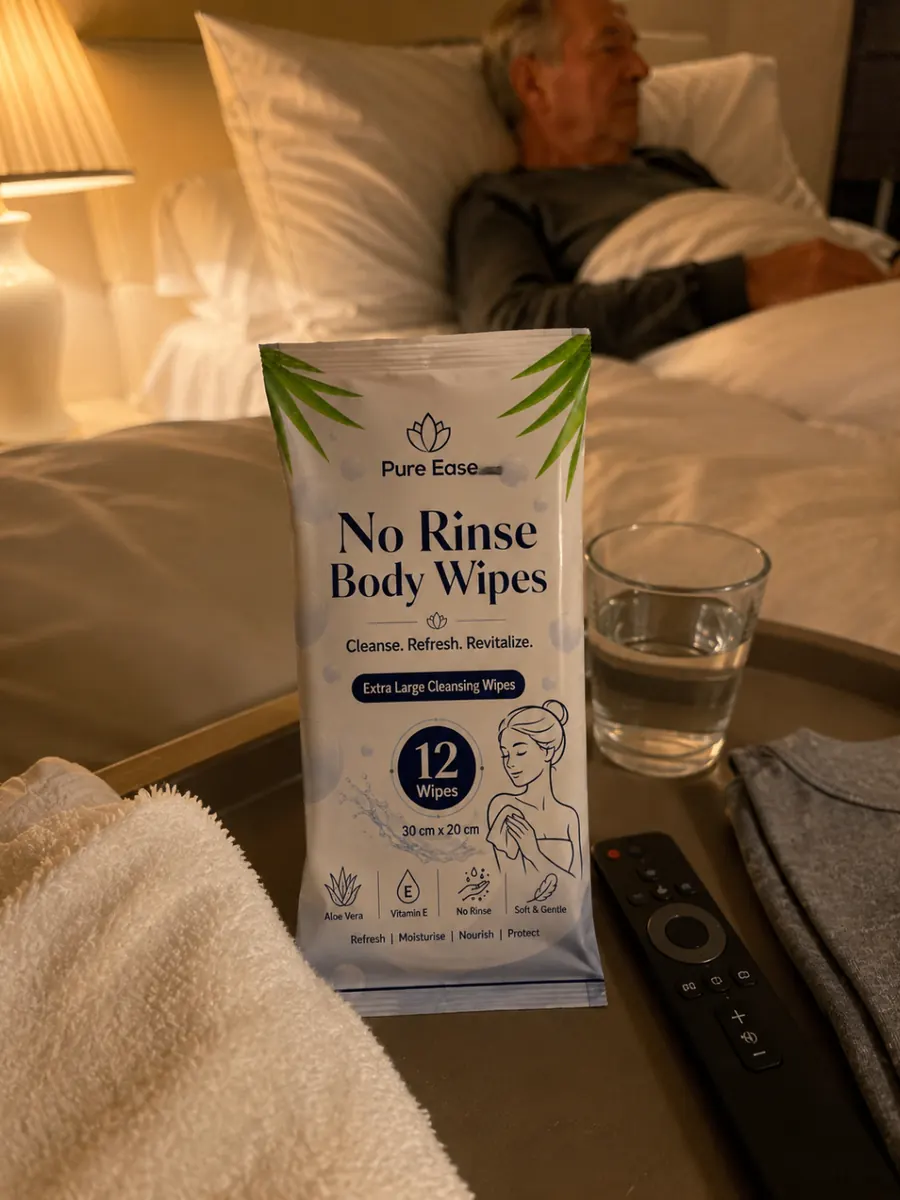 PureEase No Rinse Body Wipes on a bedside tray beside a glass of water and remote.